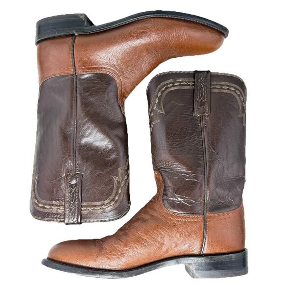 Lucchese 2000 Boots Men 9 D Brown Exotic Smooth Ostrich Cowboy Roper USA EUC Vintage Cigar Brown Roper Western Boots – Lucchese 2000  main image 3